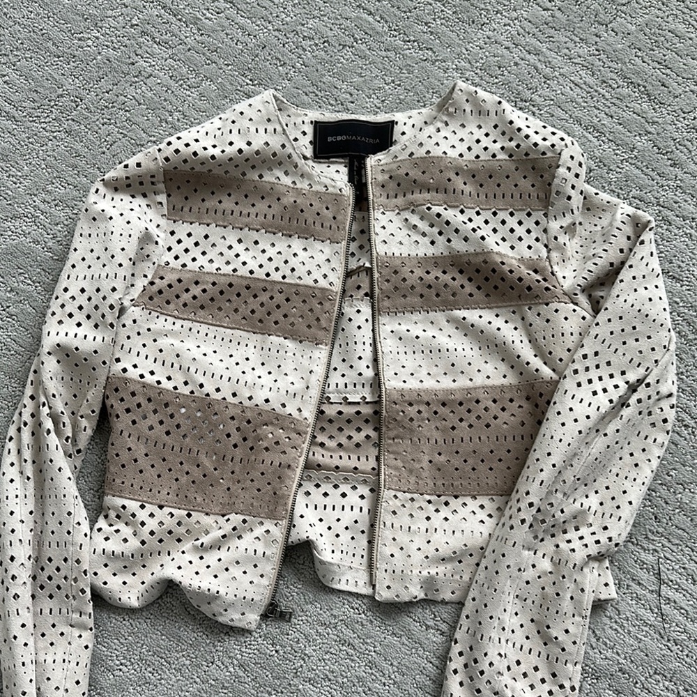 BCBGMaxAzria Cream and Brown Perforated Blazer